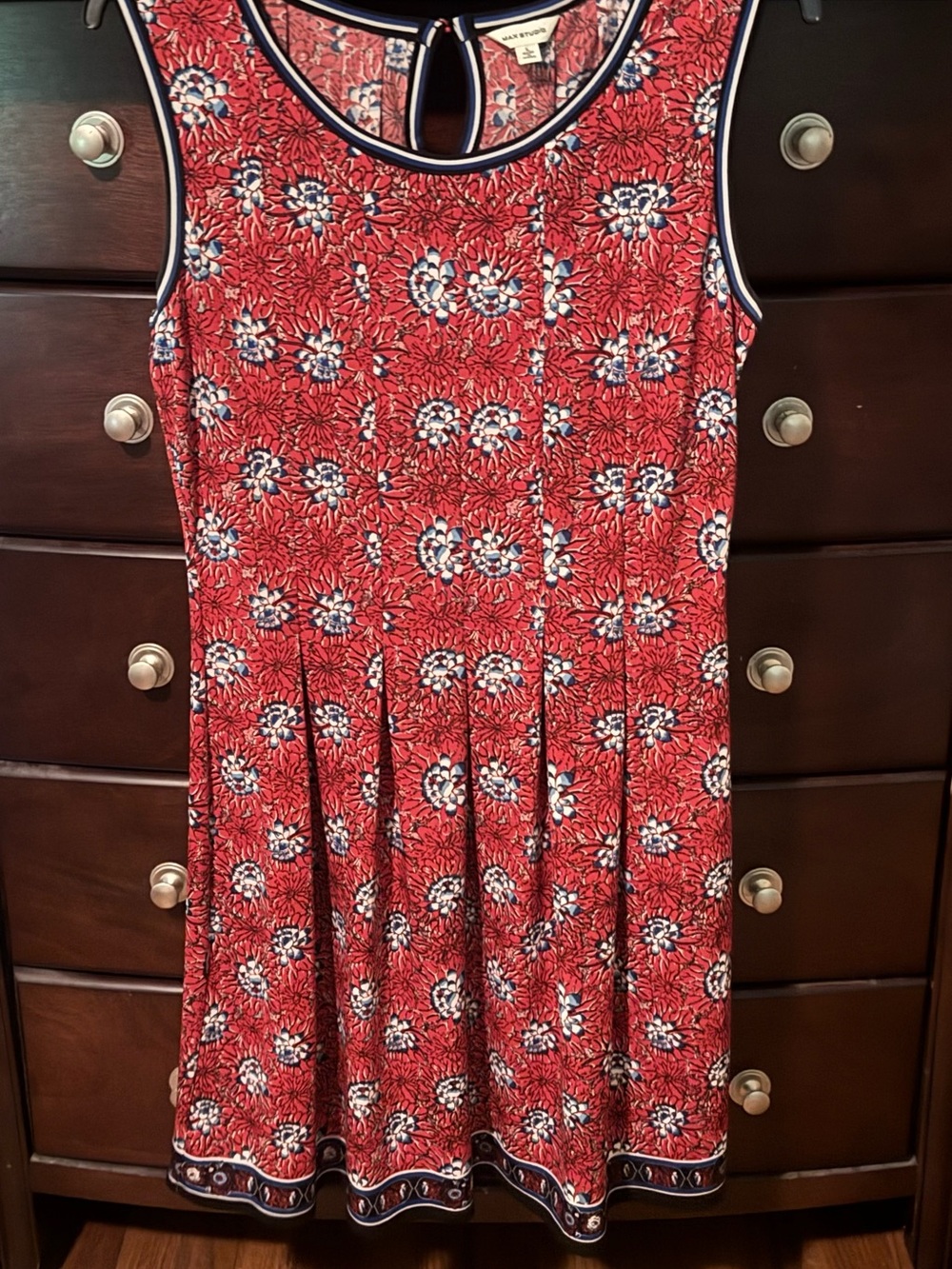 Max Studio Red Floral A-Line Dress with Blue Trim